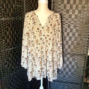 Melloday Floral Tunic Length Long Sleeve V-Neck Blouse Size X Large
